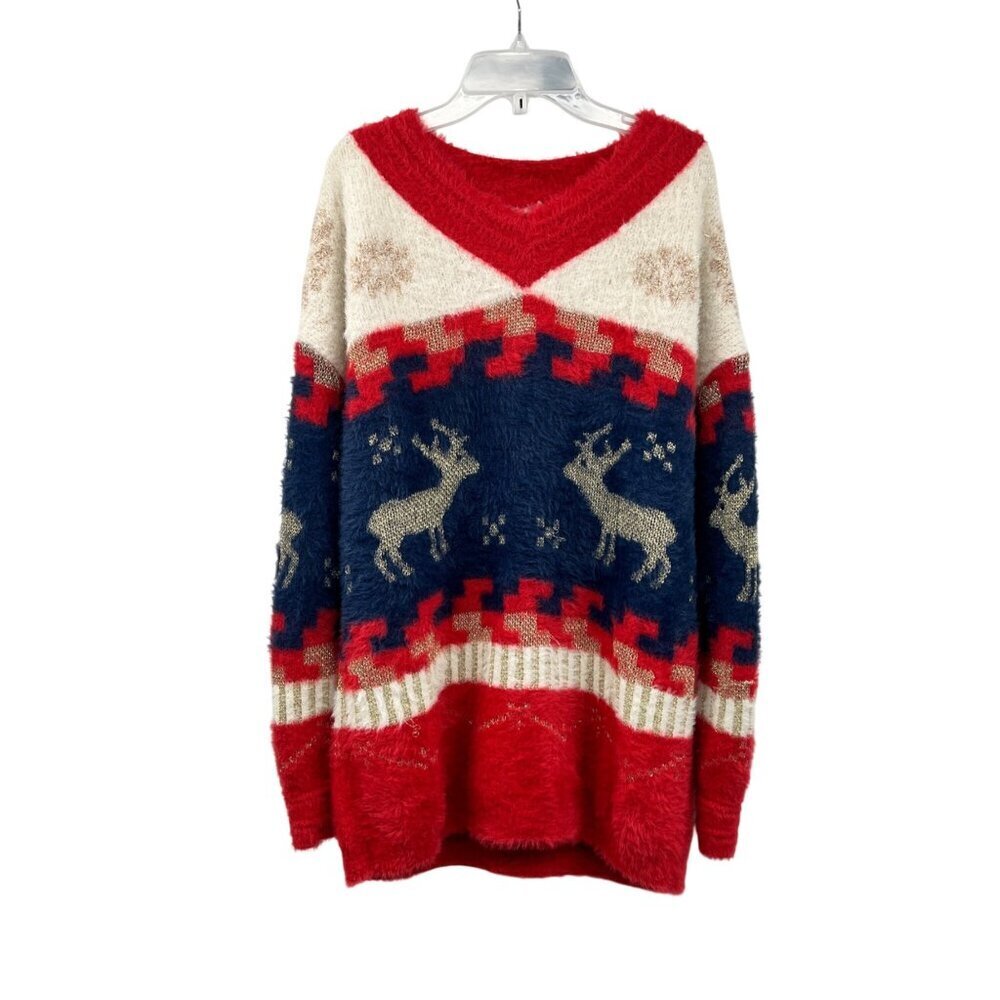 J.NNA Womens Fuzzy Reindeer Sweater Oversized V-Neck Multicolor Size Small